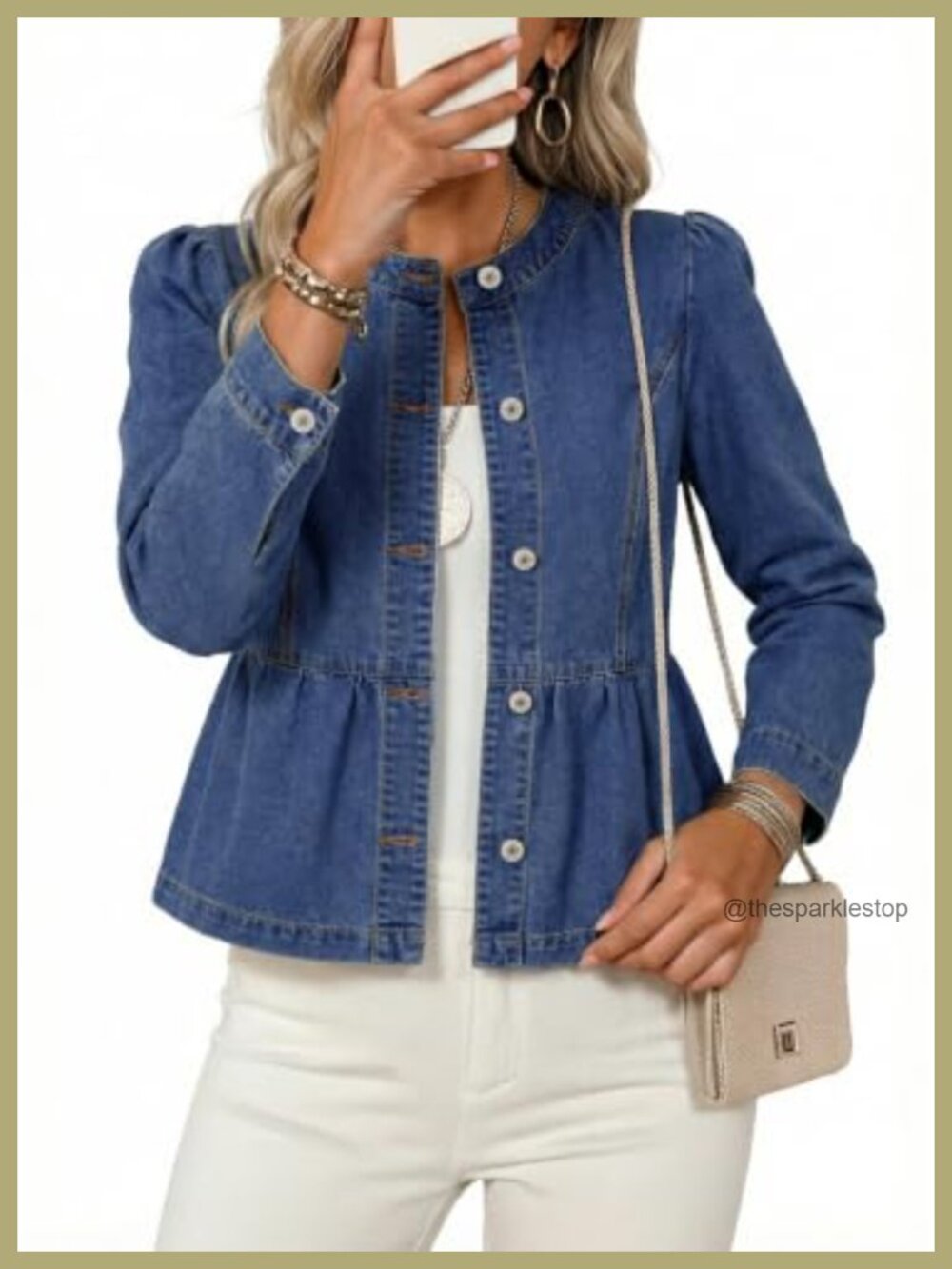 Cropped Denim Jacket Women Peplum Ruffle Hem Collarless Puff Sleeve Button Down